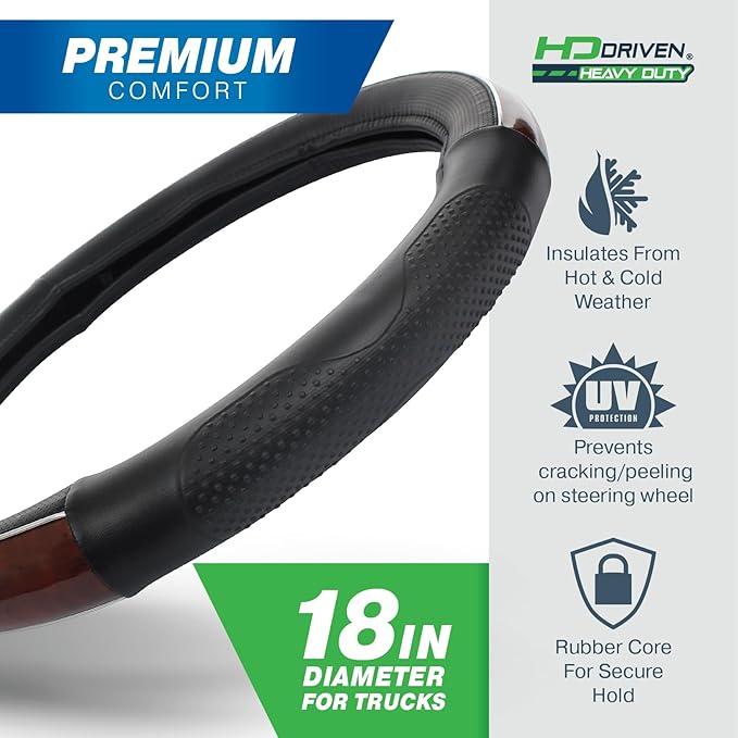 HD Driven SWC Premium Woodgrain Leather Steering Wheel Cover with Massage Grip – 18” Diameter for Semi-Trucks, Ribbed Rubber Core & High-Performance Leather, Vehicle Accessories