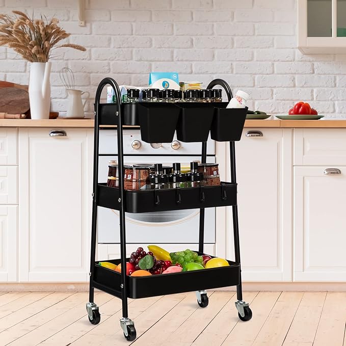 danpinera 3-Tier Rolling Cart, Utility Cart Mobile Metal Rolling Storage Cart with Lockable Wheels & Hanging Cups & Hooks for Kitchen, Bathroom, Office, Workshop, Black