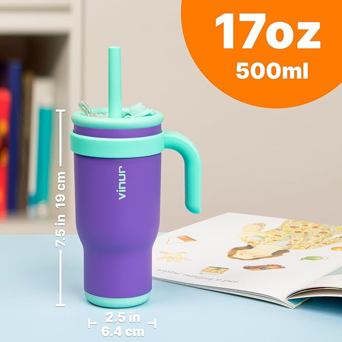 VINUR Insulated Tumbler with Handle 17 oz Stainless Steel Double Wall Vacuum Tumbler Travel Water Cup with Lid and Straw(Purple Pink-Purple)