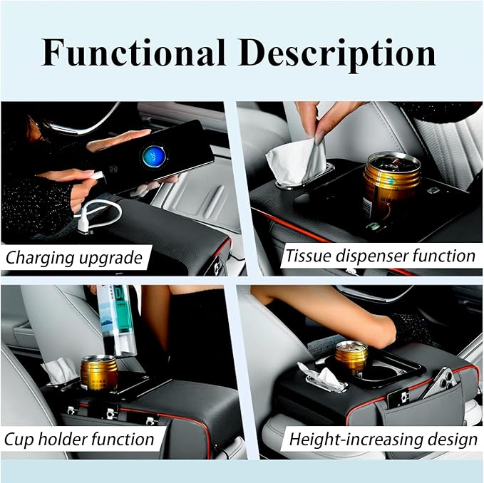 Car arm Rest Cover Pad (Upgraded Type-C), 5-in-1 Center Console Cover with Cup Holder, Tissue Box Slot, Mobile Phone Storage Slot, Suitable for Most Car Console, 13.8''x7.1''x3.0'' (Black-Red)