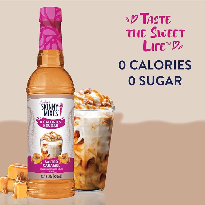 Jordan's Skinny Mixes Sugar Free Coffee Syrup, Salted Caramel Coffee Flavoring Syrup, Zero Calorie Drink Mix, Lattes, Baking, Protein Shake or Cocktail, Dairy & Gluten Free, Kosher, 25.4 Fl Oz