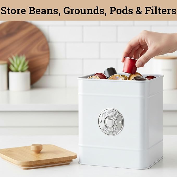 Airtight Coffee Canister - 40 oz Large Iron White Coffee Container Airtight - 6 x 8 inch Metal Jar - Stylish Countertop Container for Grounds, Beans, Pods & More with Rubber-Lined Bamboo Lid