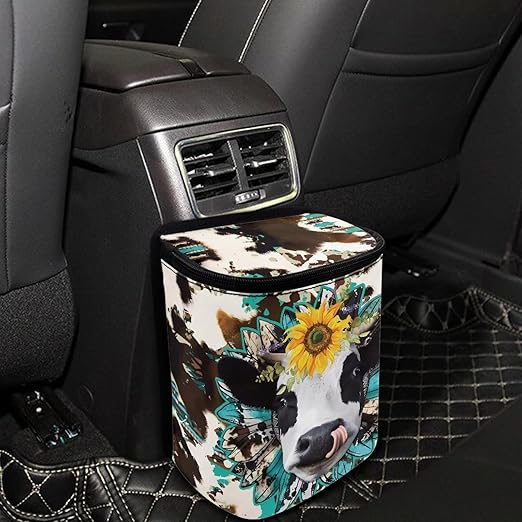 Cow Print Car Trash Can Bin with Lid,Leak Proof Portable Small Garbage Bag Waste Rubbish Storage Bin for Back Seat Road Trip Travel，Aztec Cow Car Accessory for Women