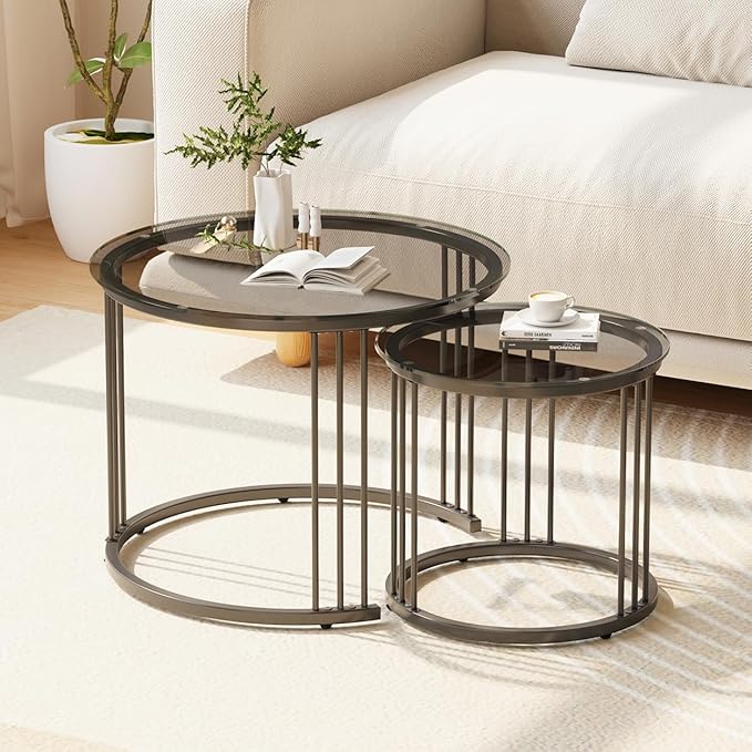 Garden 4 you Nesting Coffee Table, 23.6" Round Coffee Table Set of 2, Glass Nesting Table with Metal Frame, Ceter Tables for Living Room Bedroom Balcony, Grey