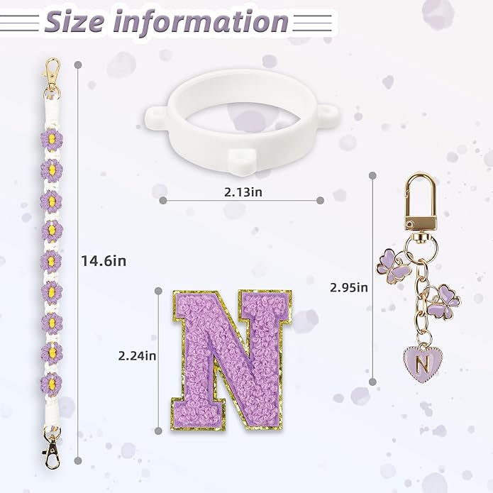Compatible with Owala Water Bottle Accessories, Cute Letter Charm Set with Boho Handle Strap, Monogram Sticker, Silicone Ring, Keychain Decoration, for FreeSip 24 32 40oz, Owala Kids, Tumbler Gift