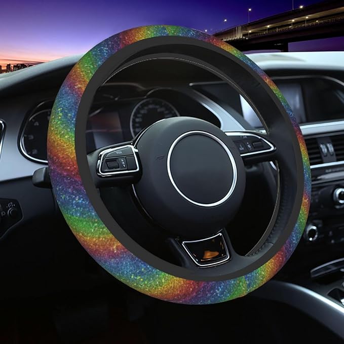 Rainbow Steering Wheel Cover Elastic Non-Slip Car Steering Wheel Covers with Seat Belt Shoulder Pad for Women Men