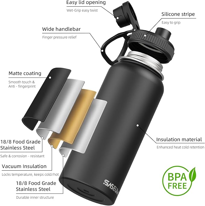 SASEUM Insulated Stainless Steel Water Bottles 32oz with Spout Lids Metal Vacuum Thermal Large Water Jug Leak-proof Reusable Flask for Sports Gym and Travel,Black