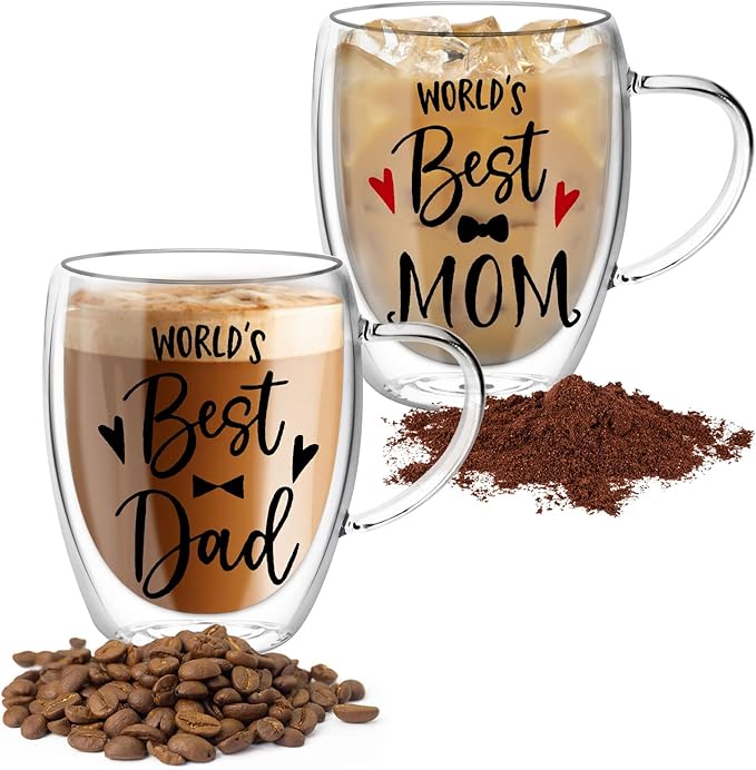 350ml Double Wall Glass Coffee Mugs Set, Clear Insulated Glass Mugs for Hot Beverages, Suitable for Tea, Latte, Espresso, Cappuccino (12 oz Dad Mom)