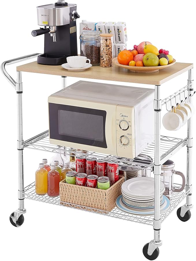 3 Tier Rolling Kitchen Cart with Wood Tabletop, Kitchen Island Carts with Wheels & Slider Shelf, Microwave Cart on Wheels, Coffee Cart with Hooks, 35.4" L*18.1" W*31.9" H，Wood+Chrome