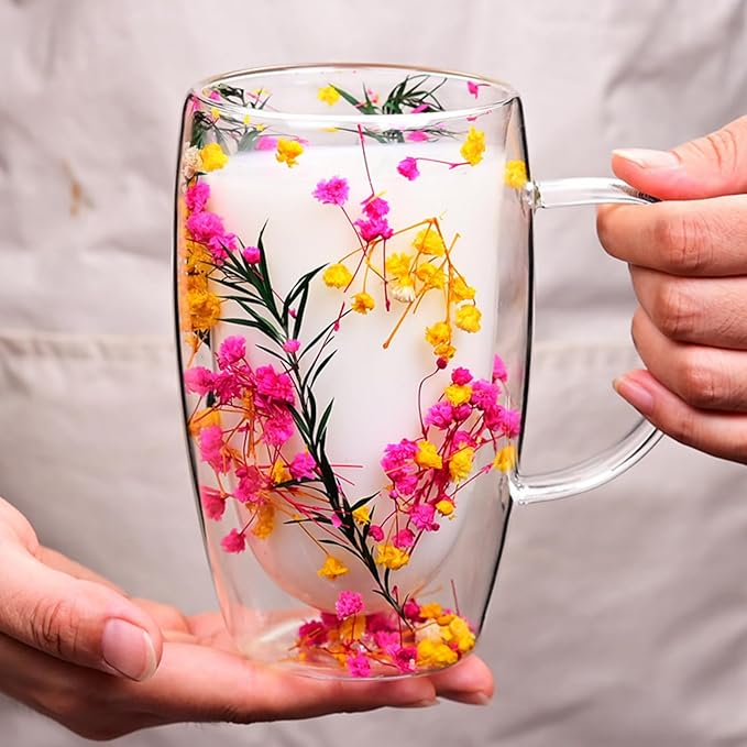 15.22oz, Double Wall Borosilicate Glass Coffee Mug with Heat-Resistant Handle, Insulated Flower Tea Cup, Multi-Color Options (yellow,15.22oz)