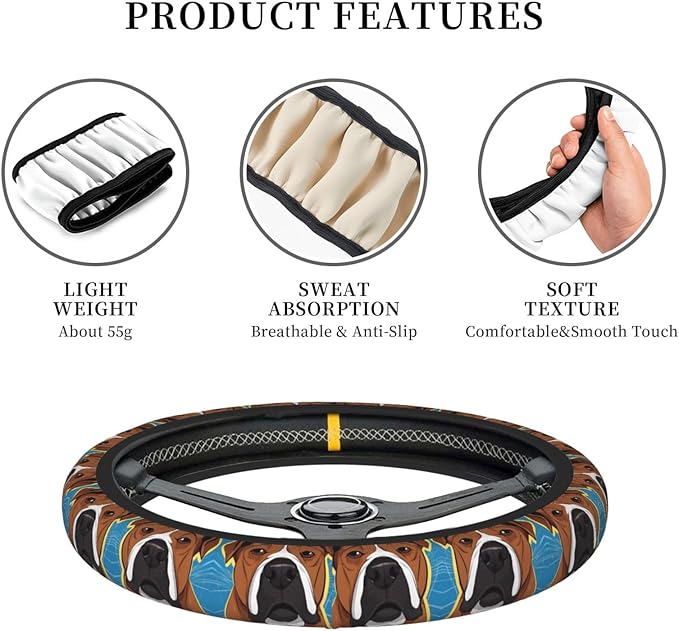 English Bulldog Art Car Steering Wheel Cover, 15 Inch Steering Wheel Cover Stylish Decor for Most Cars