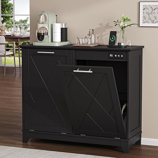 Double Tilt Out Trash Can Cabinet with Charging Station, Negative Ion Odor Control, Hidden Dual 10-Gallon Recycling Cabinet, Dog Proof Garbage Can for Kitchen, Laundry, Dining Room,Black