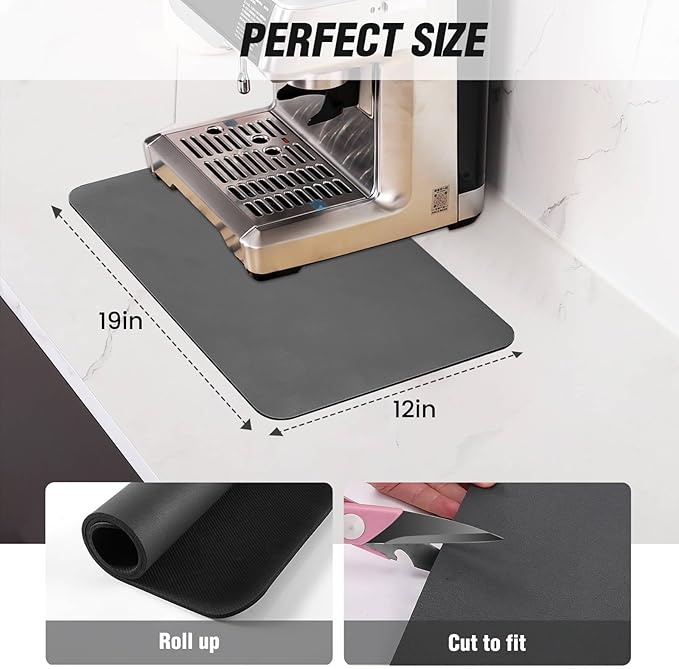 DK177 Coffee Mat - Dish Drying Mat for Kitchen Counter, Hide Stain, Absorbent with Waterproof Rubber Backing, Fit Kitchen Dish Rack Bar Accessories (Dark Gray, 24" x 16")