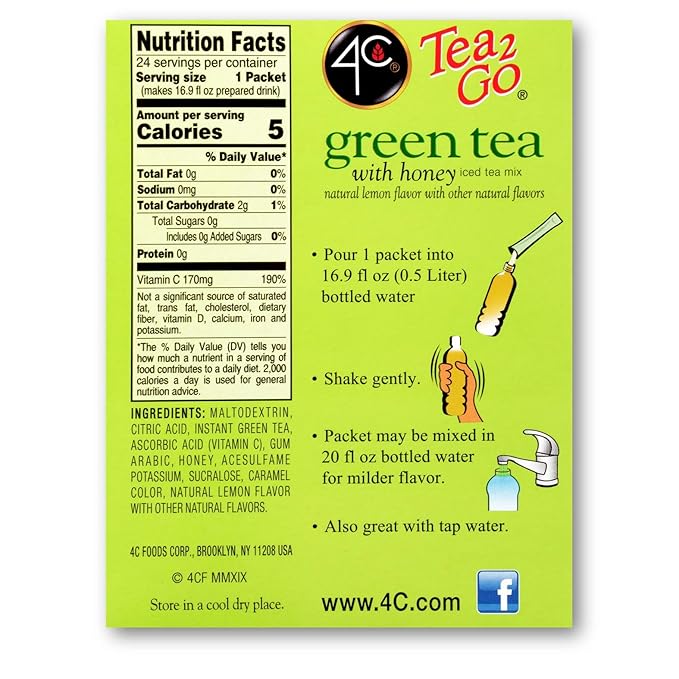 4C Powder Drink Mix Packets, Green Tea 1 Pack, 24 Count, Singles Stix On the Go, Refreshing Sugar Free Water Flavorings