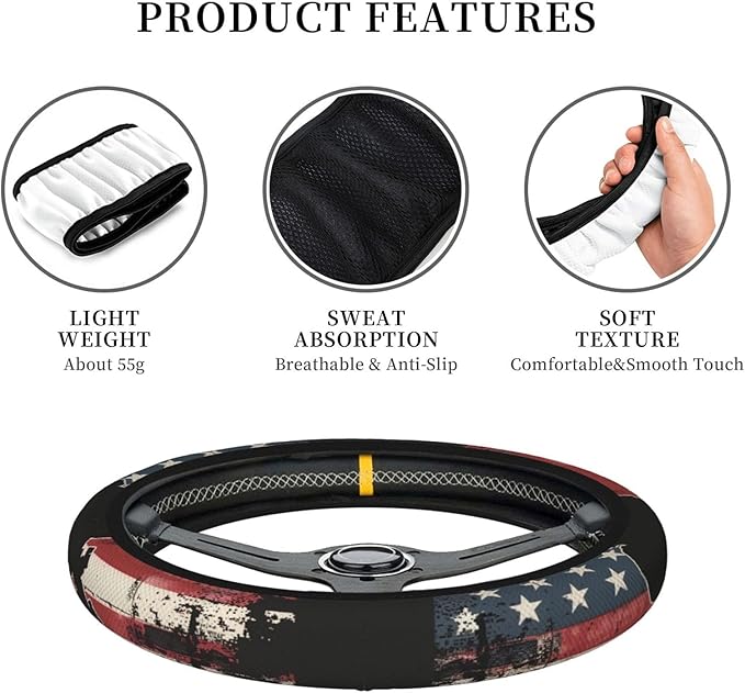 Steering Wheel Cover Polyester Thick Non-Slip Car Steering Wheel Cover Protector Universal 15 Inch, American Soldiers，USA Flag