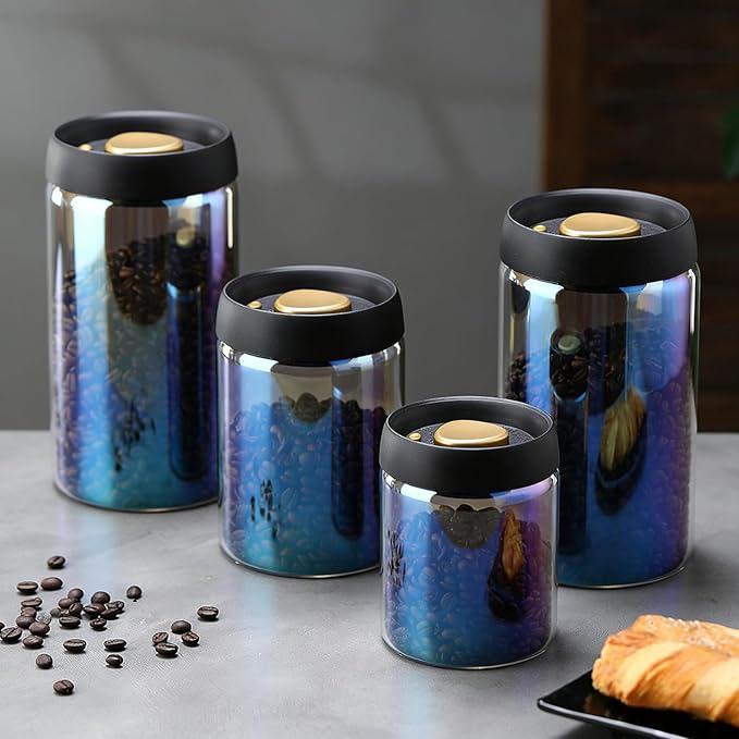 4Pcs Colorful Coffee Vacuum Container Jars, Food Coffee Bean Storage Containers with Lids Airtight, Manual Vacuum Extraction Sealed Tank (Colorful, 500+900+1200+1800, Milliliters)