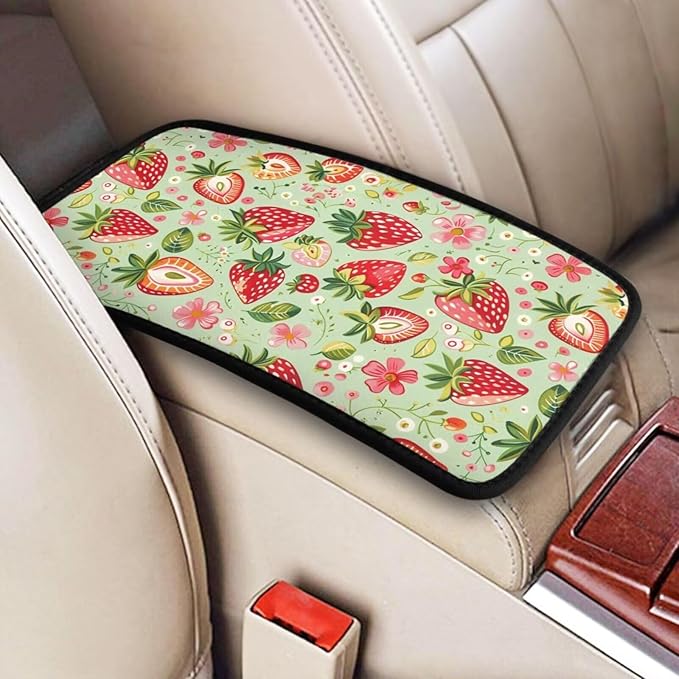 Car Center Console Cushion Pad Strawberry Cute Red Waterproof Armrest Seat Box Cover Protector Sage Green Cars Decor Accessories Fit for Most Cars Sedans Vans Truck Vehicles, SUV