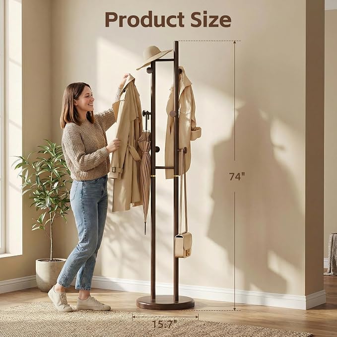 Uniclinens Wood Coat Rack Freestanding - Heavy Duty Freestanding Coat Rack, Wooden Coat Stand with 6 Hooks Creative Tree Branch-look for Entryway, Hallway, Bedroom (Dark Walnut)
