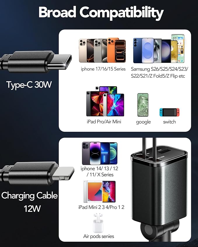 Retractable Car Charger Adapter for iPhone 17,4 in 1 Fast Charging Car Phone Charger,69W USB C Car Truck Accessories,Road Trip Essentials Gift for Men Women for iPhone 17 Pro Max/16/15/14,Galaxy S26