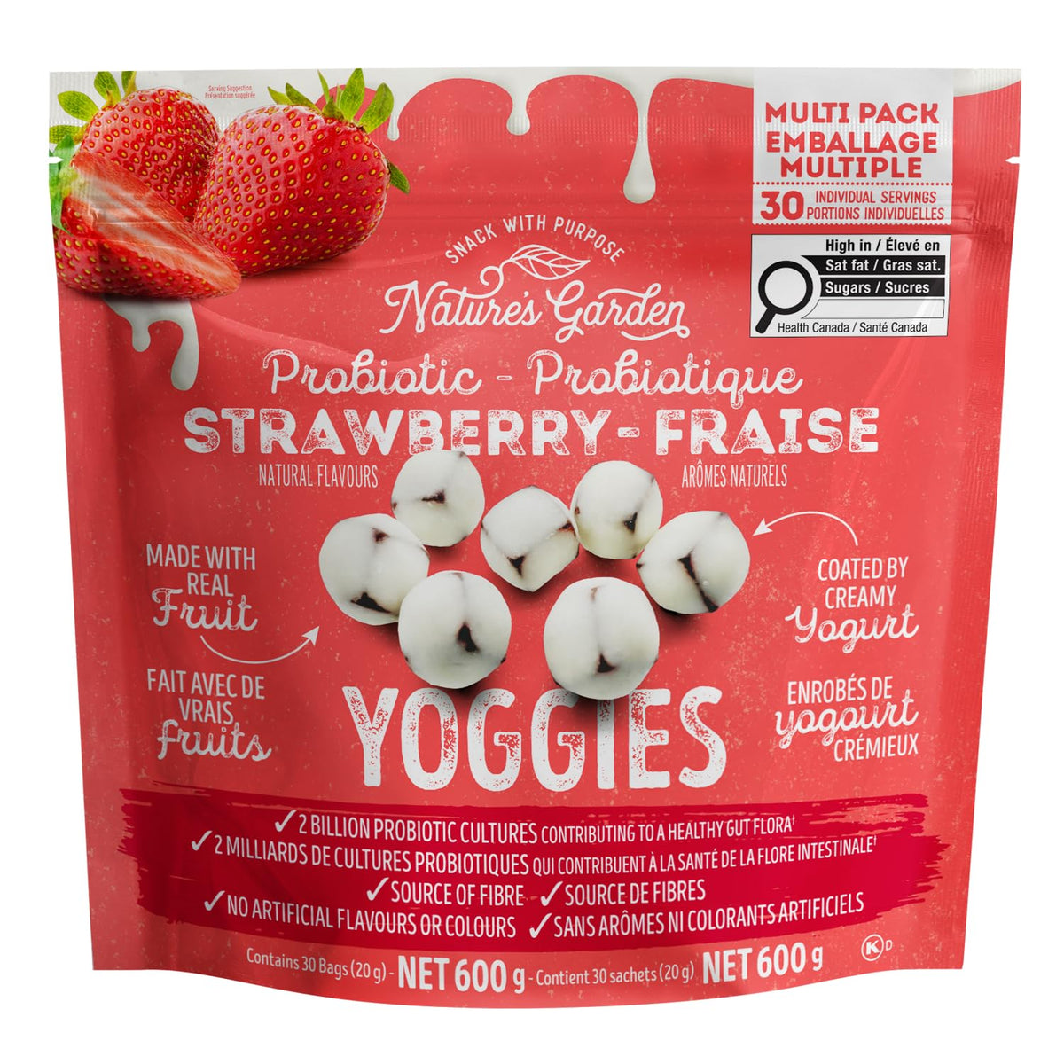 Nature's Garden Probiotic Strawberry Yoggies 21oz (30 x 0.7oz) Pack of 2 - Strawberry Yogurt-Covered Fruit Bites, High Fiber, Real Fruit Pieces, No Artificial Flavor, On-the-Go Snack for Adults