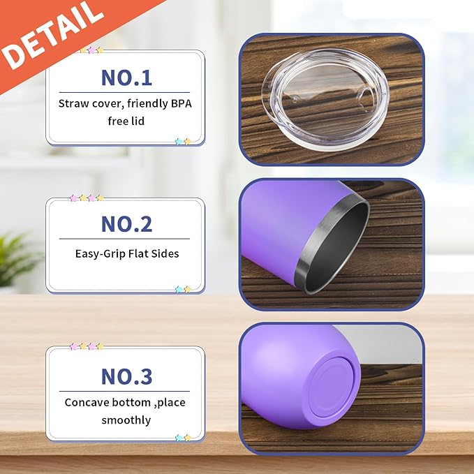 StarSpeed 12oz/8 Pack Wine Tumbler with lid, Stainless Steel Travel Mugs Stemless Double Wall Insulated Coffee Cup, Insulated Wine Glasses Travel Tumbler for Cold & Hot Drinks(Purple, 8)