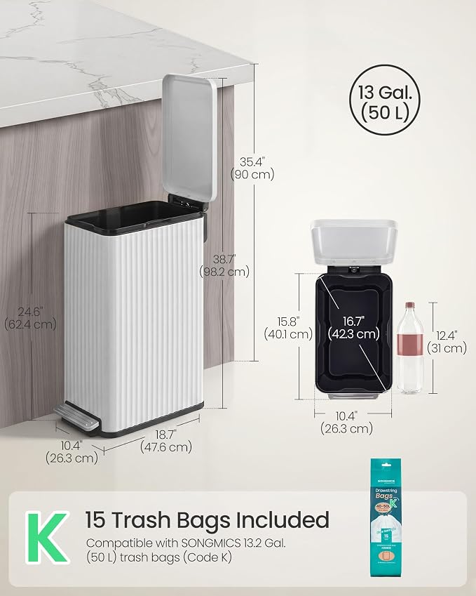 SONGMICS Trash Can, 13 Gallon (50 L) Slim Garbage Can for Kitchen, with Soft-Close Lid, Pedal, Removable Inner Bucket, Stainless Steel, 15 Trash Bags, Space-Saving, Cloud White ULTB350WZ01