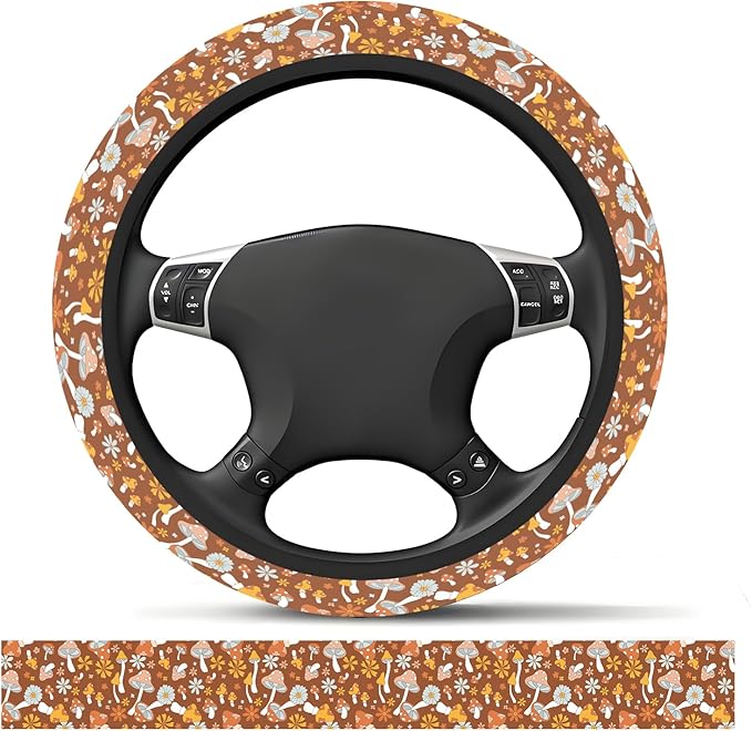 Elastic Car Steering Wheel Cover, Universal 15 inch Non-Slip Breathable Neoprene Steering Wheel Protector, Car Accessories for Women Men Fit Auto, Suvs, Truck Retro Mushroom