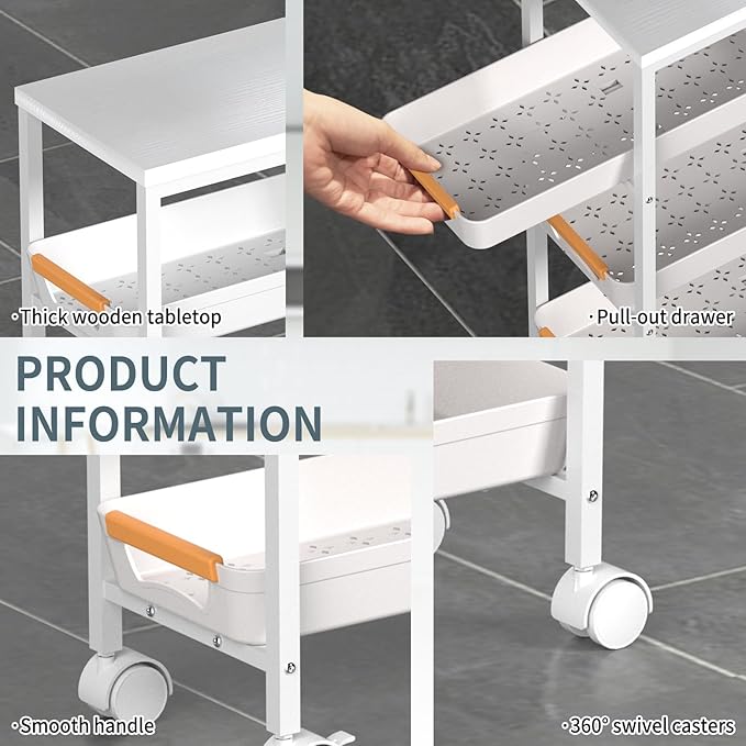 5 Tier Slim Rolling Utility Cart with Drawers Pull-Out Design Slim Storage Cart with Metal Frame and Wooden Top for Narrow Space in Home Kitchen Bathroom White (Width 8.1 Inches)