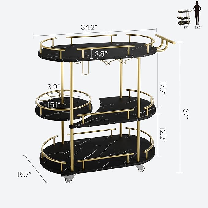 GarveeHome Gold Bar Carts with 4-Tiers Storage Shelves，Mobile Bar Seving Carts On Wheels with Wine Rack and Glass Holder for Kitchen, Dining Room, Living Room-Gold+Black