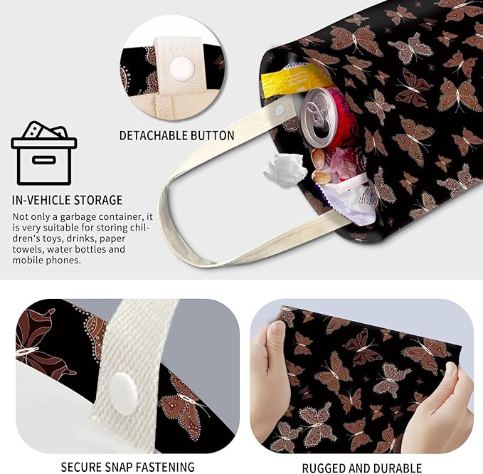 Cute Car Trash Can, Hanging Canvas Car Back Seat Organizer and Storage Bag, Funny Car Trash Bag for Travelling, Outdoor Cute Brown Butterfly