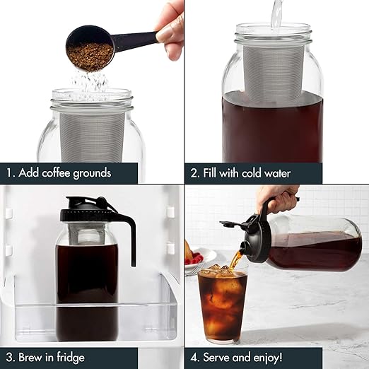 Primula Mason Jar Cold Brew Iced Coffee Maker with Stainless Steel Filter and Easy Pour Lid, Durable Glass Pitcher Fits in Most Fridge Doors, Dishwasher Safe, Made without BPA, 2-Quart, Black