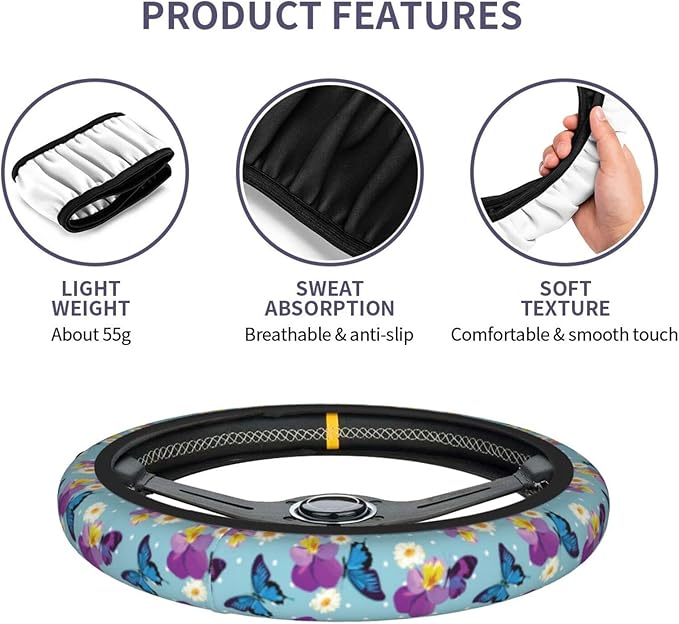 Blue Butterfly Steering Wheel Cover for Women Men with 2 Pcs Car Coasters, Universal 14.5-15 Inch Cute Steering Wheel Covers Non-Slip Car Accessories for Girls