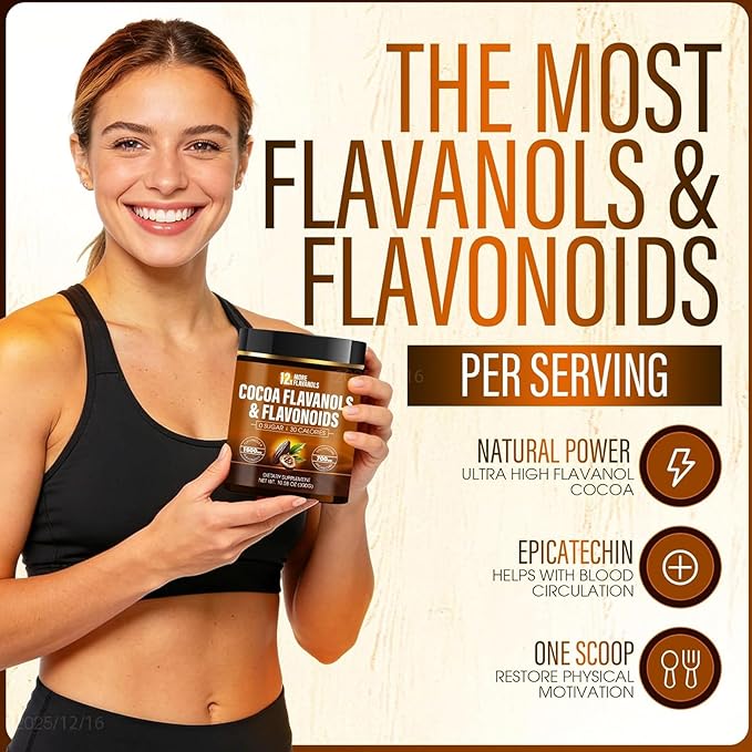 High Flavanol Cocoa Powder, Cocoa Flavanols 1500mg and 700mg Epicatechin with Theobromine, Circulation & Antioxidant Support – Unsweetened, Smooth & Rich Taste (1)