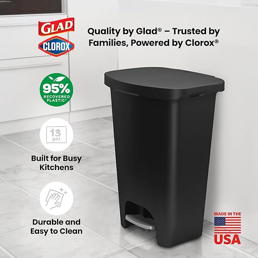 Glad Kitchen Trash Can with Lid, Foot Pedal and Garbage Bag Rings, 13 Gal, Black