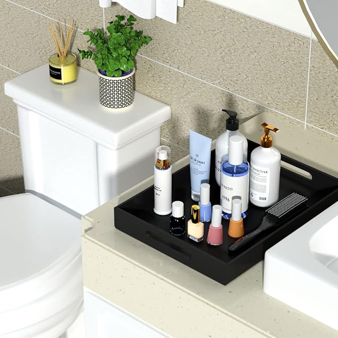 NIUBEE Black Serving Tray 12x16 Inches - Spill-Proof Acrylic Organizer with Handles for Coffee Table, Ottoman & Countertop | Decorative Tray for Breakfast in Bed, Drink Serving & Home Organization