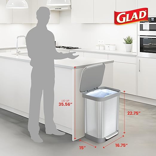 Glad 13 Gallon All Brushed Stainless Steel Trash Can with Clorox Odor Protection | Large Metal Kitchen Garbage Bin with Soft Close Lid, Garbage Bag Rings, Step On Foot Pedal and Waste Bag Roll Holder
