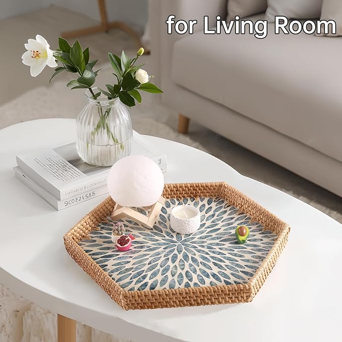 Hexagon Rattan Tray with Mother of Pearl Inlay, Rattan Serving Tray for Coffee, Bread, Fruits, Snacks, Decorative Wicker Tray for Table Decor, Home Decor (Light Blue Leaves, 14.5"×12.8")