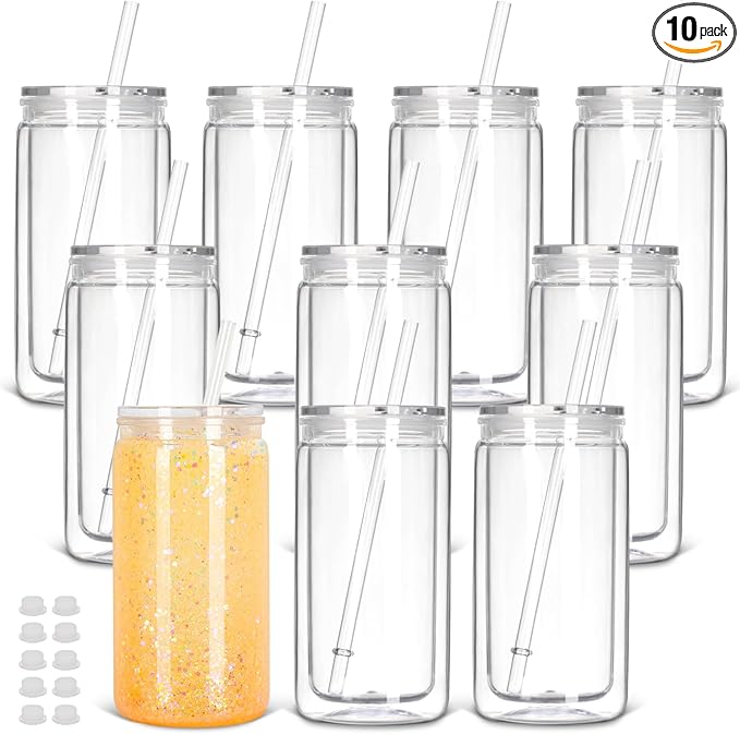16 Oz Plastic Snow Globe Tumbler with Lid and Straw, 10 Pack Double Wall Pre Drilled Plastic Mason Jar Cups Can for Snow Globe Glitter DIY Gift(Clear)