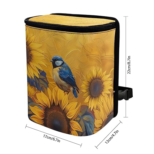Sunflower Blue Bird Car Trash Can, Stylish Trash Bin Leak-Proof Zipper Design for Back Seat