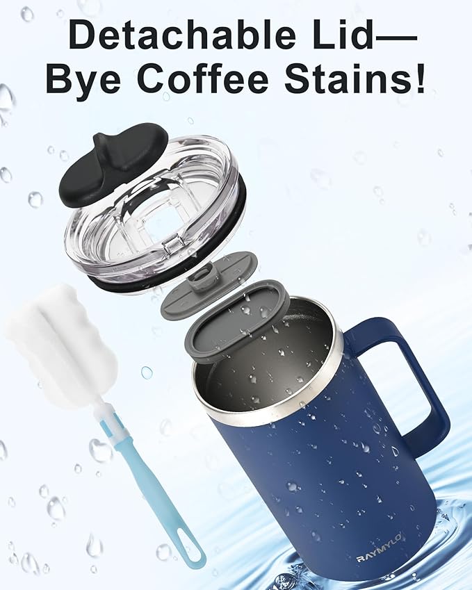 Insulated Coffee Mug 24 oz, Double Wall Stainless Steel Coffee Mug with Lids, Leak-Proof & Detachable Slider Lid for Thorough Clean, Keeps Coffee Cold for 9 Hrs, Suitable for Camp Home Office