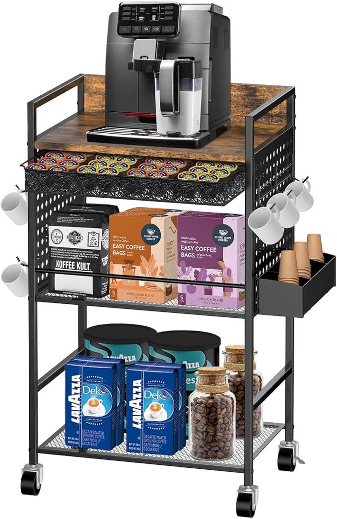 Compact Coffee Bar Cabinet with Power Outlet, Lockable Wheels, and Storage Drawer - Rustic Brown & Black for Office, Living Room, or Small Spaces