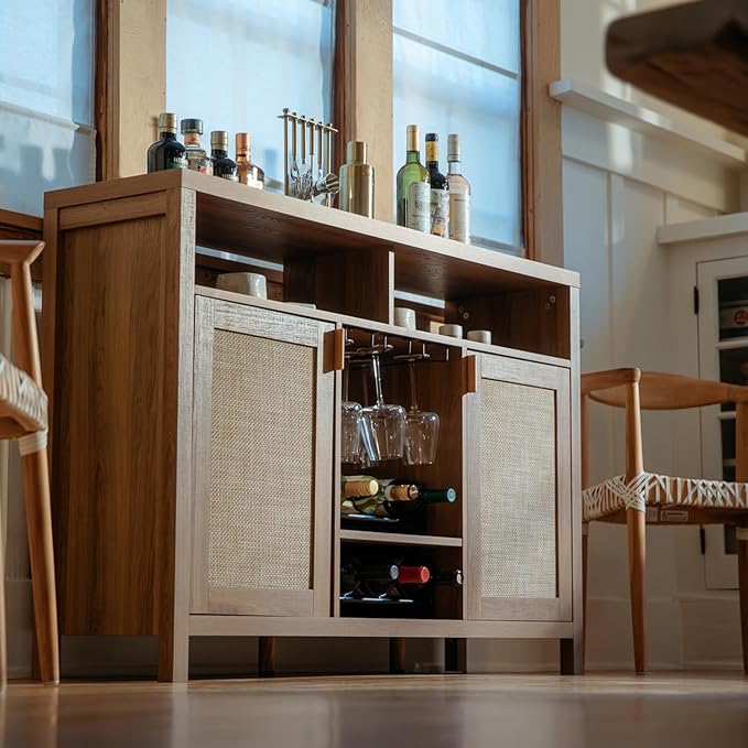 SICOTAS 51" Coffee Bar Cabinet Bar Cart with Storage, Wine Bar Cabinets Boho Home Bar Table, Rattan Sideboard Buffet with 2 Doors, Coffee Station with Wine Racks for Living Dining Room Entryway