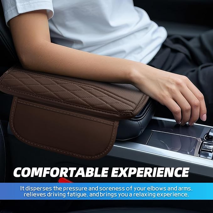 Car Center Console Cover, 11.8"×6.7" Leather Armrest Cover for Cars, Multifunctional Auto Armrest Cushion Pad with Storage Pocket, Universal Arm Rest Protector Car Accessories (Coffee)