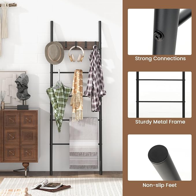GOFLAME Blanket Ladder, 5-Tier Wall-Leaning Towel Holder Shelf with 5 Removable Hooks, Industrial Quilt Stand with Anti-Slip Foot Pads, Towel Ladder Display Rack for Bathroom, Living Room, Bedroom