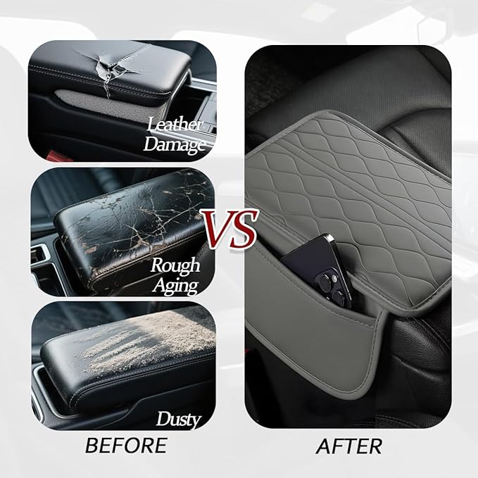 HZEL Car Center Console Cover, Scratch & Wear Resistant Soft Leather Vehicle Armrest Seat Box Cushion Pad with 2 Storage Bag, Waterproof Automotive Interior Protector, Universal Fit (Gray)