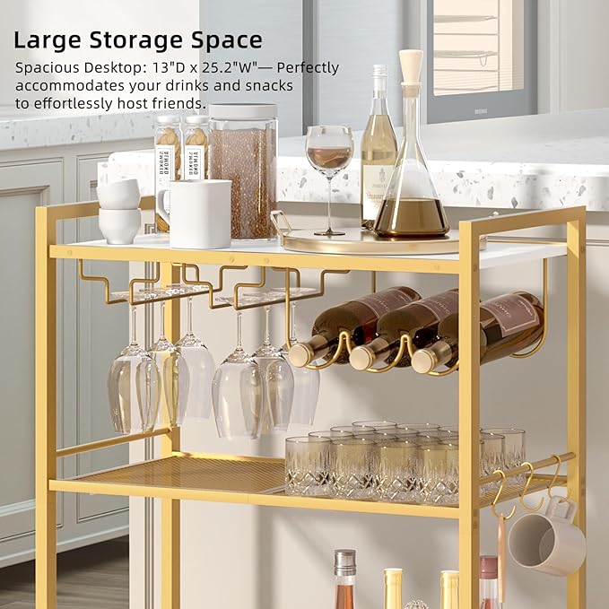 Bar Cart, Home Bar Serving Cart with 3-Tier Shelf,Microwave Cart with Lockable Wheels,Mobile Kitchen Shelf,Rolling Beverage Cart with Wine Rack and Glass Holder for Kitchen,Dinning Room,Gold
