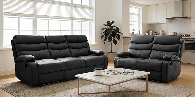 Reclining Couch Sofa Set Leather Recliner Couch Sofa and Loveseat Sets for Living Room, RV, Theater Seating(3 Seat Sofa+Loveseat,Black)