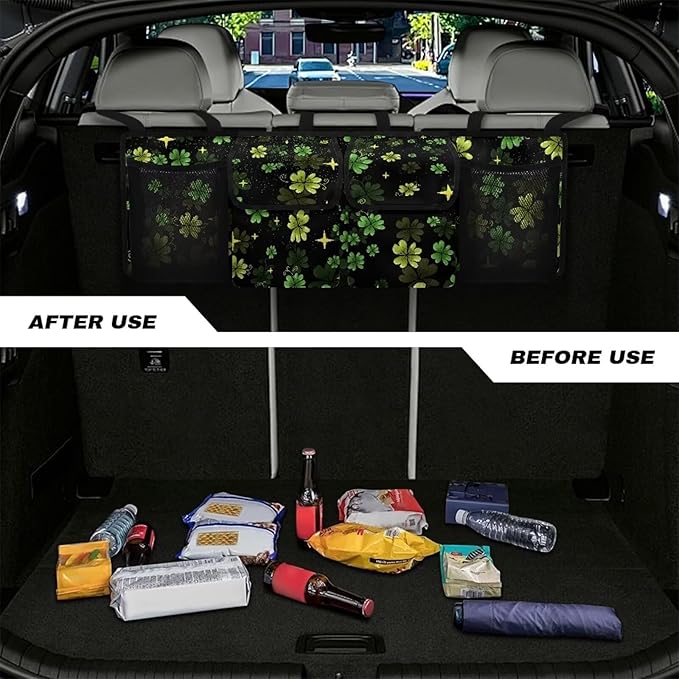 St. Patrick Day Car Trunk Organizer Green Leaves Car Storage Organizerfor SUVs & Sedans Hanging Back Seat Car Organizer