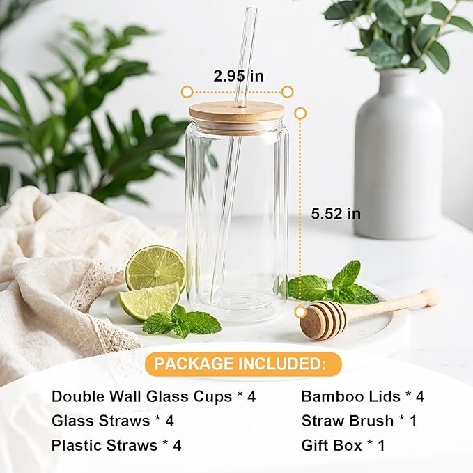 4 Pack Glass Cups with Lids and Straws 12 oz Double Wall Glass Tumbler Insulated Borosilicate Iced Glass Coffee Cups for Iced Coffee, Smoothies, Tea, Juice