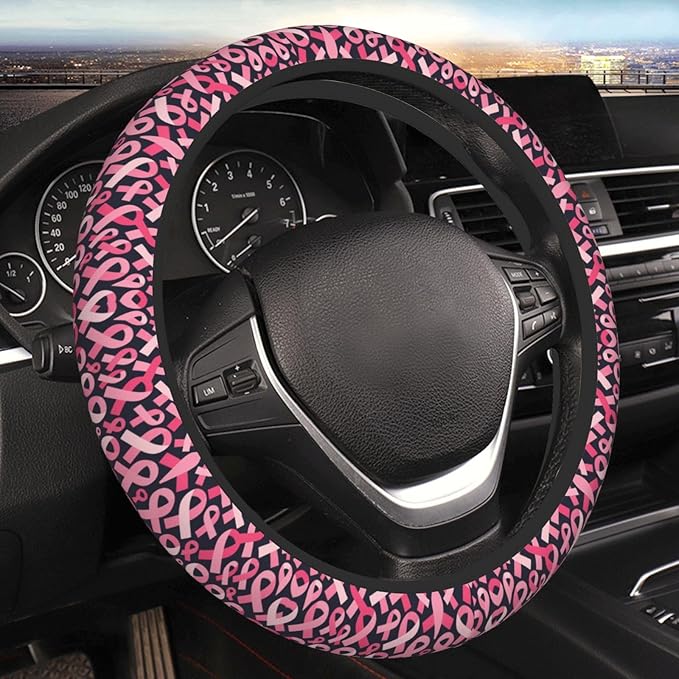 Breast Cancer Awareness Ribbon Universal Fit Steering Wheel Cover for Car, Truck, and SUV, Durable Steering Wheel Protection